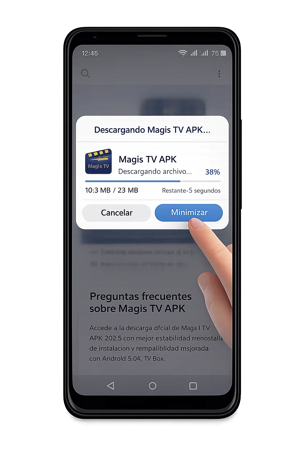 Mockup de un teléfono Android mostrando la descarga de Magis TV APK (2026) con barra de progreso, logo oficial y botón para minimizar, representando la instalación segura de la aplicación